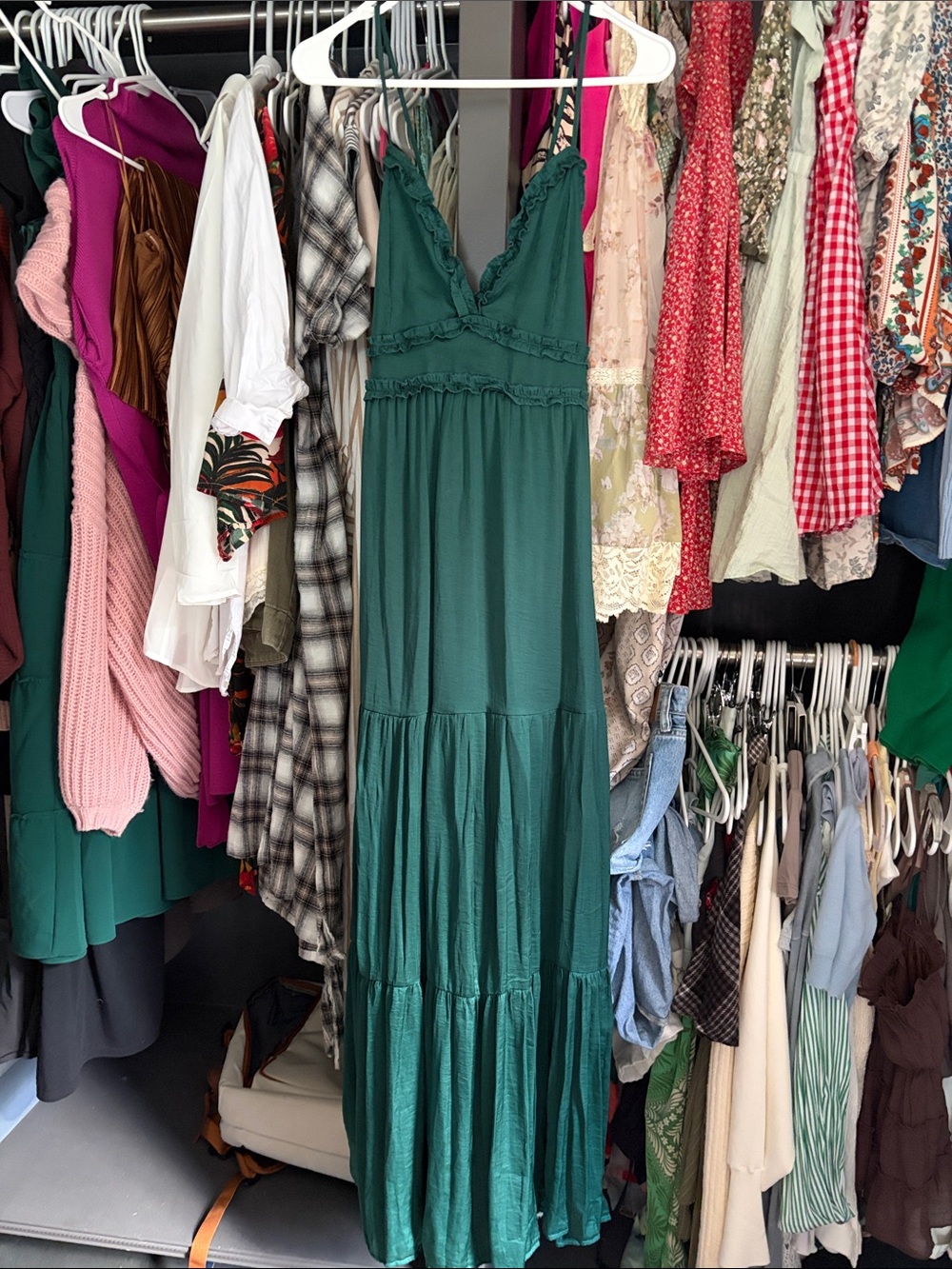 She + Sky Emerald Green Tiered Maxi Dress with Ruffle V-Neck